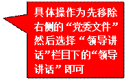 矩形标注: 具体操作为先移除右侧的“党委文件”然后选择“领导讲话”栏目下的“领导讲话”即可